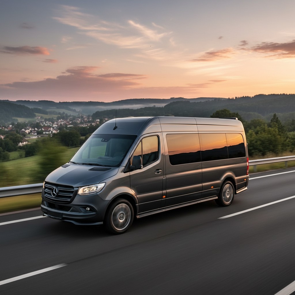 Volkswagen Crafter van on highway at golden hour